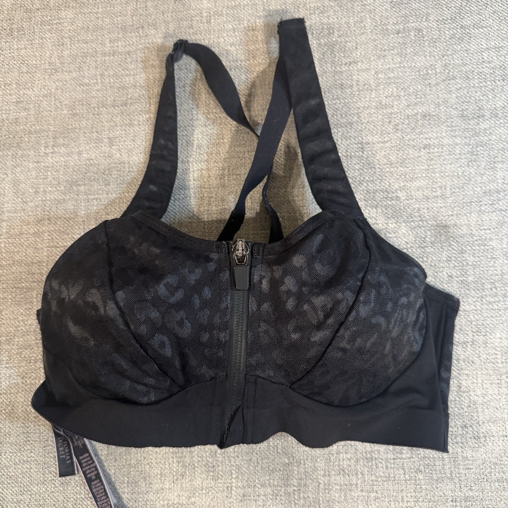 Victoria's Secret‎ Knockout Ultra Max Sports Bra 32D Black Leopard Zip Front